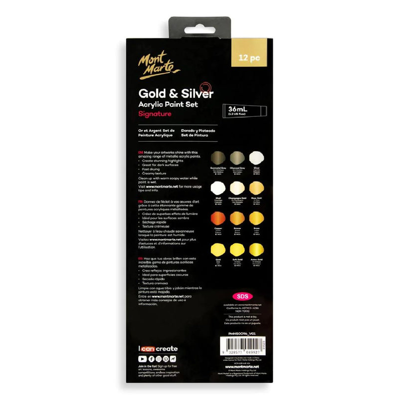 Mont Marte Acrylic Paint Set Gold & Silver Set of 12 - PMHS0096