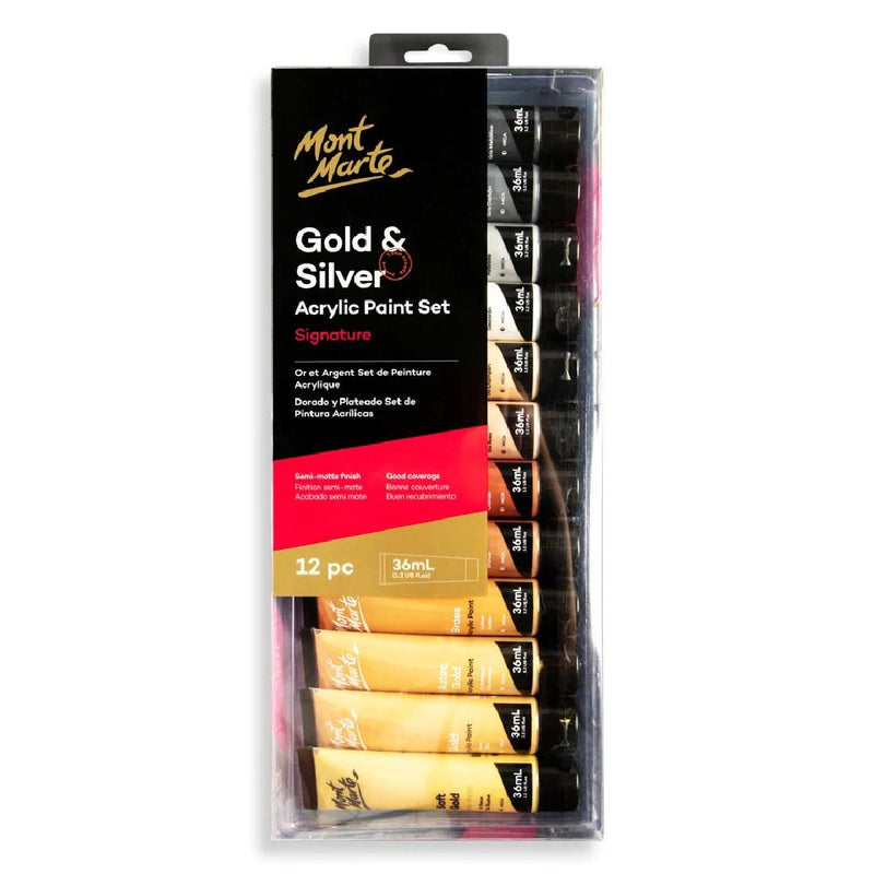 Mont Marte Acrylic Paint Set Gold & Silver Set of 12 - PMHS0096
